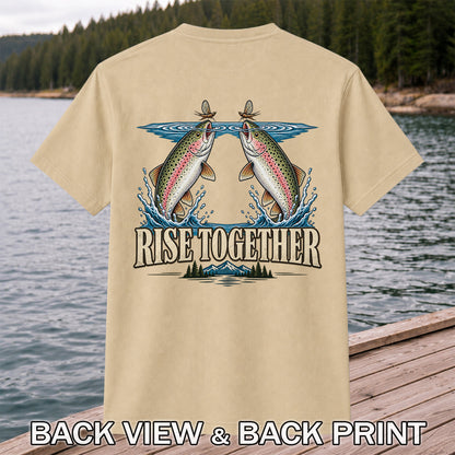 Rise Together Rainbow Trout Fly Fishing Graphic T-Shirt | Back Print