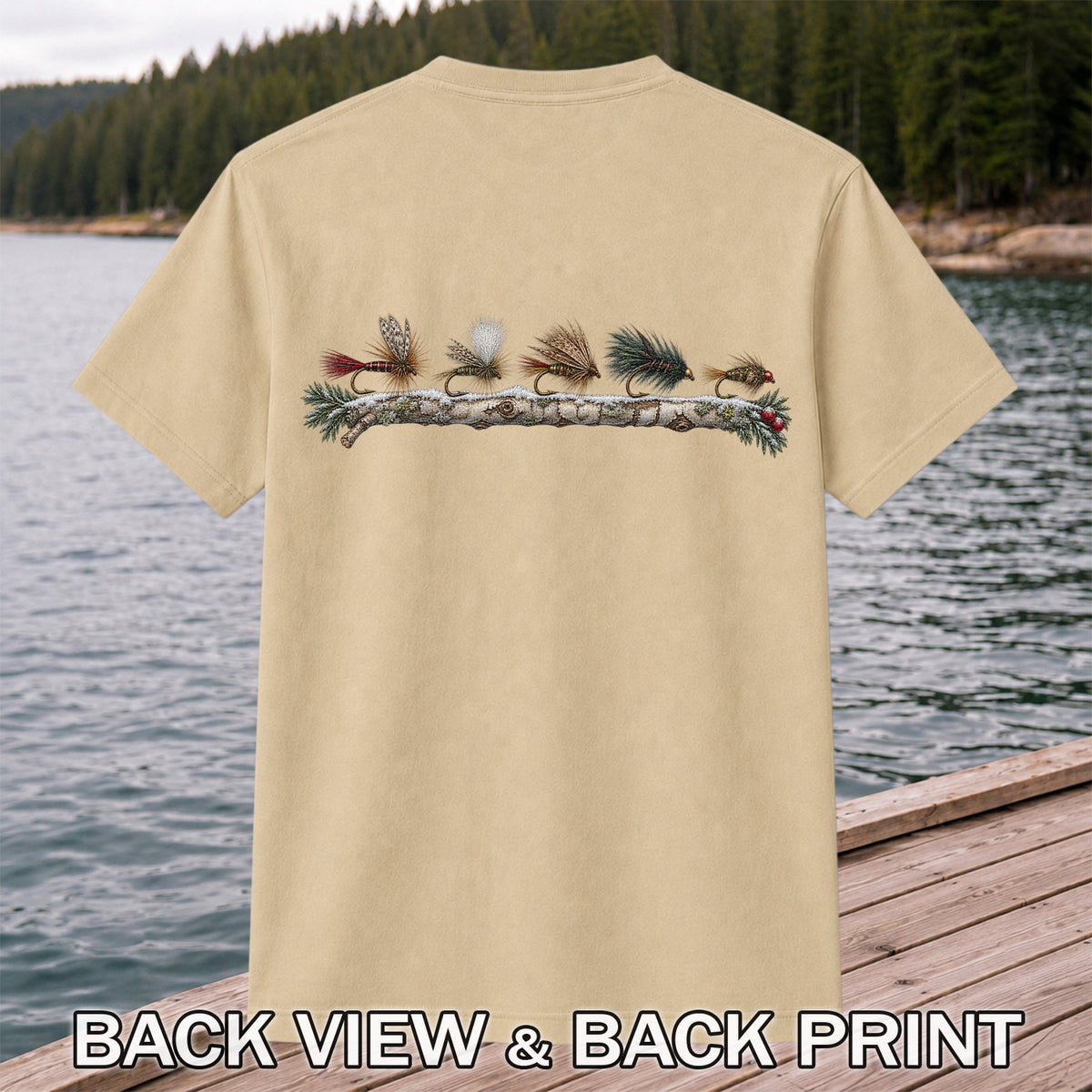 Christmas Fly Fishing Flies on Evergreen Branch Graphic T-Shirt | Back Print
