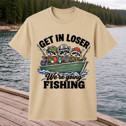 Get In Loser We're Going Fishing Raccoons in a Boat T-Shirt