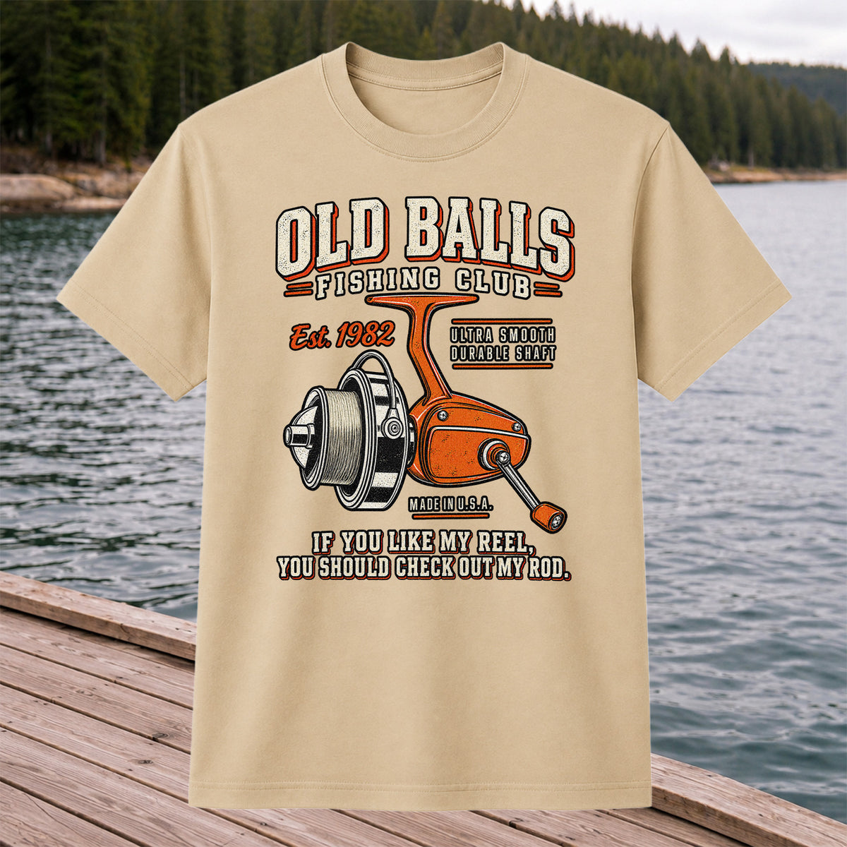 Old Balls Fishing Club Vintage Spinning Reel Graphic T-Shirt