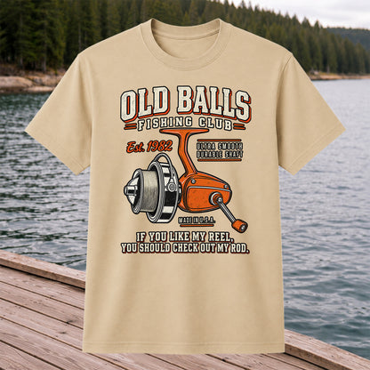 Old Balls Fishing Club Vintage Spinning Reel Graphic T-Shirt