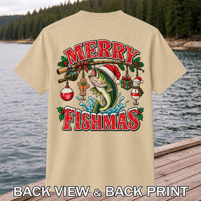 Merry Fishmas Santa Bass Christmas Fishing Graphic T-Shirt | Back Print