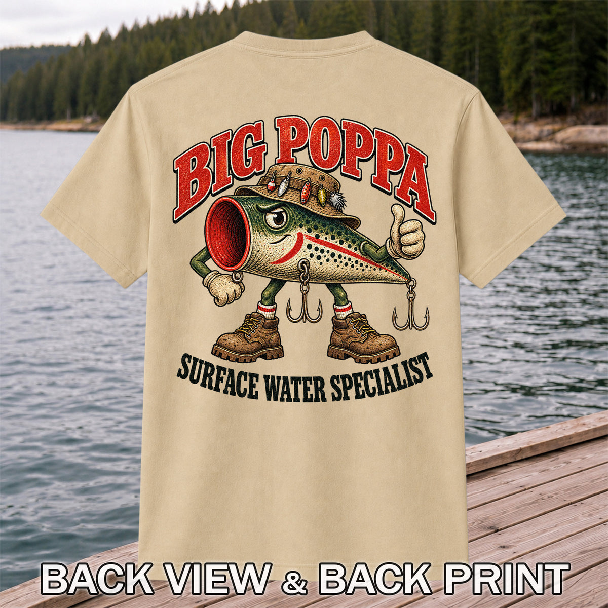 Big Poppa Surface Water Specialist Fishing Lure Graphic T-Shirt | Back Print