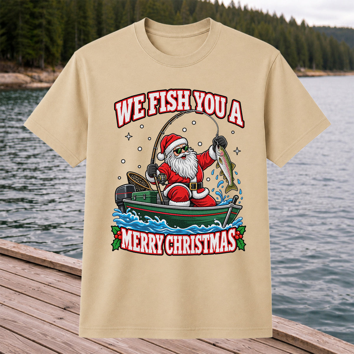 We Fish You a Merry Christmas Santa and Rainbow Trout Fishing T-Shirt