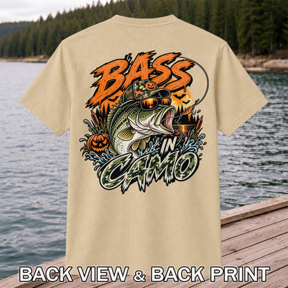 Bass in Camo Halloween Pumpkin Bass Fishing Graphic T-Shirt | Back Print