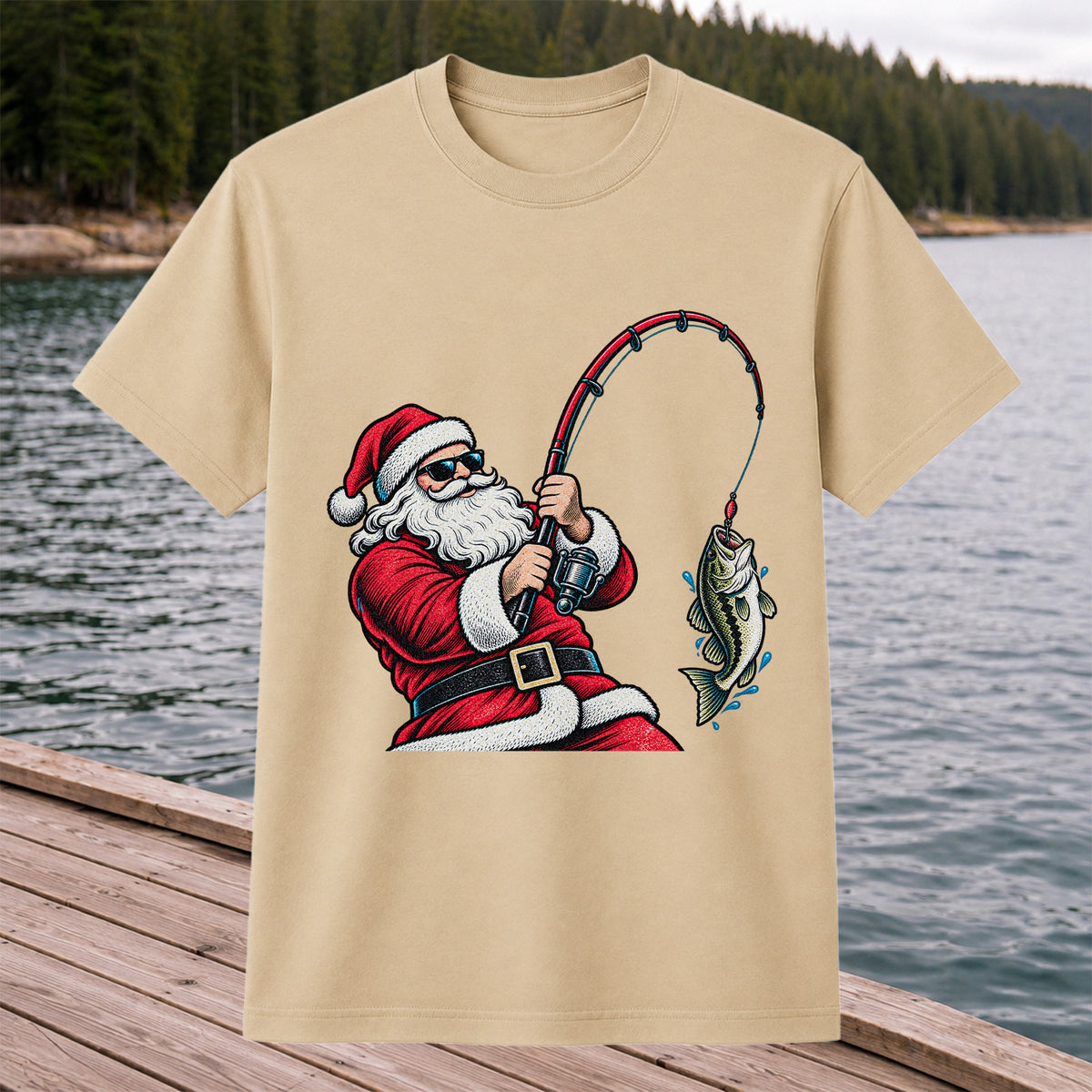 Santa Claus Catching a Bass Christmas Fishing Graphic T-Shirt