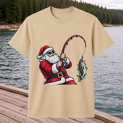 Santa Claus Catching a Bass Christmas Fishing Graphic T-Shirt