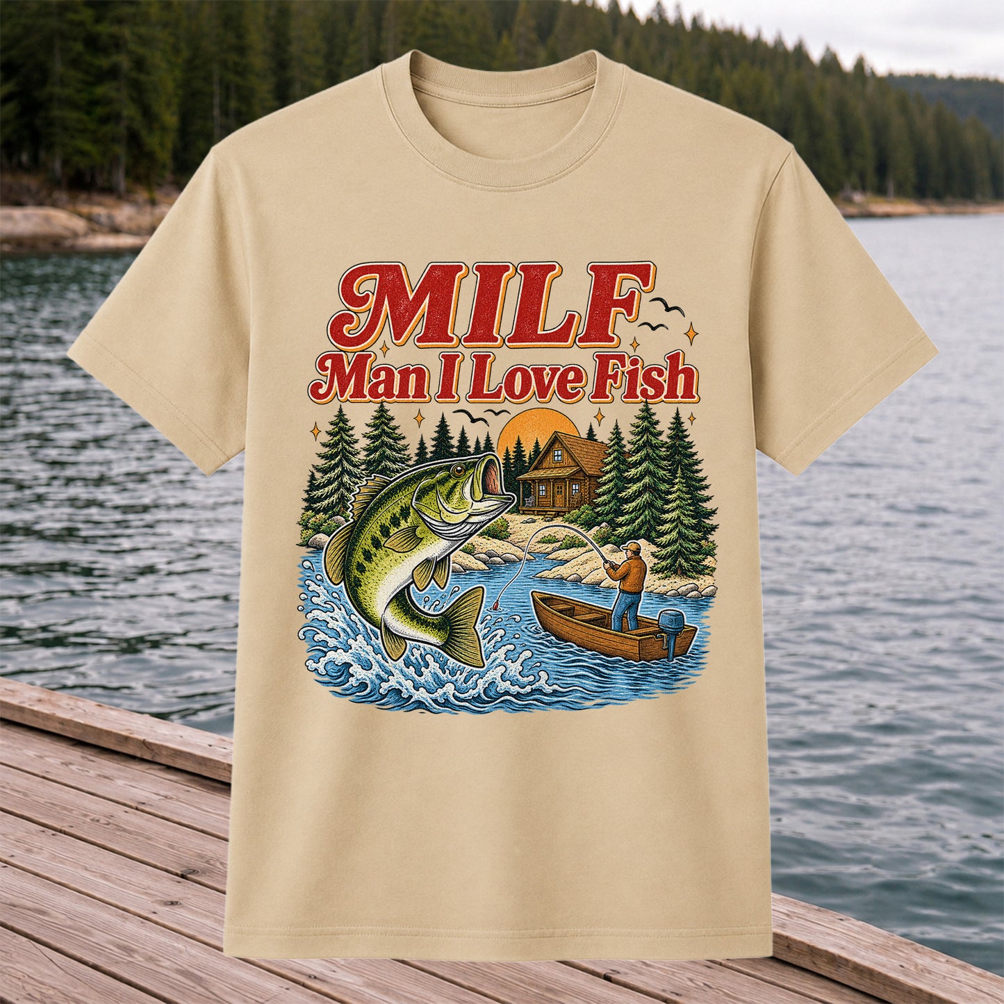 MILF Man I Love Fish Bass Lake Fishing Graphic T-Shirt