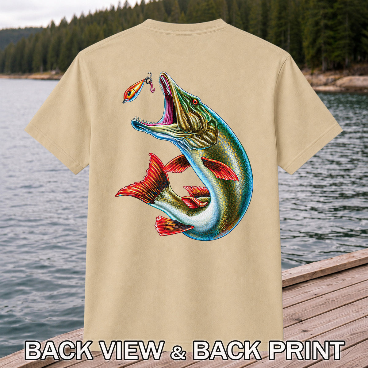 Northern Pike Chasing Fishing Lure Graphic T-Shirt | Back Print
