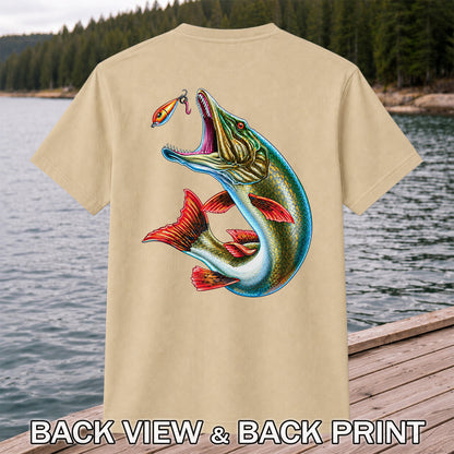 Northern Pike Chasing Fishing Lure Graphic T-Shirt | Back Print