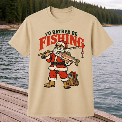 I'd Rather Be Fishing Santa Holding Rainbow Trout Christmas T-Shirt