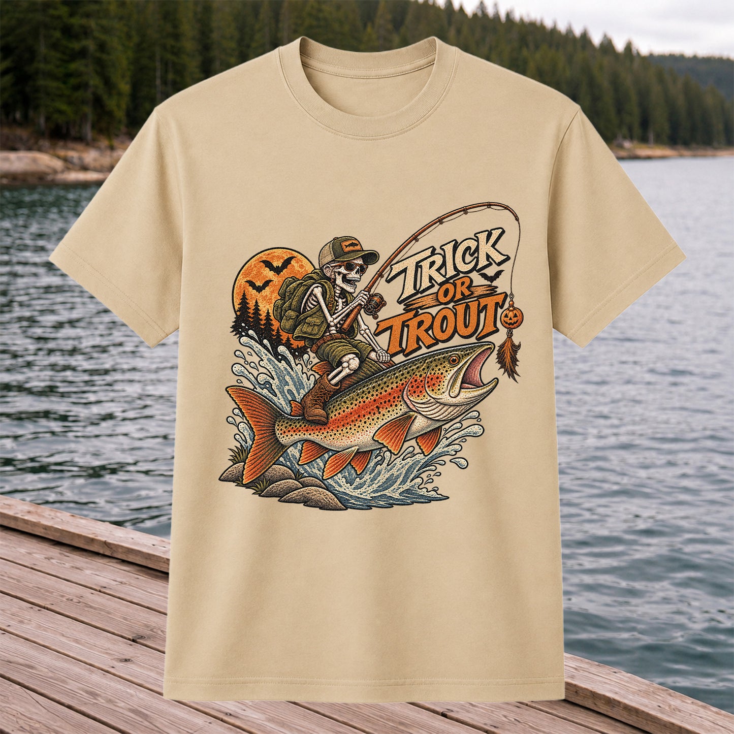 Trick or Trout Halloween Skeleton Angler Fishing T-Shirt