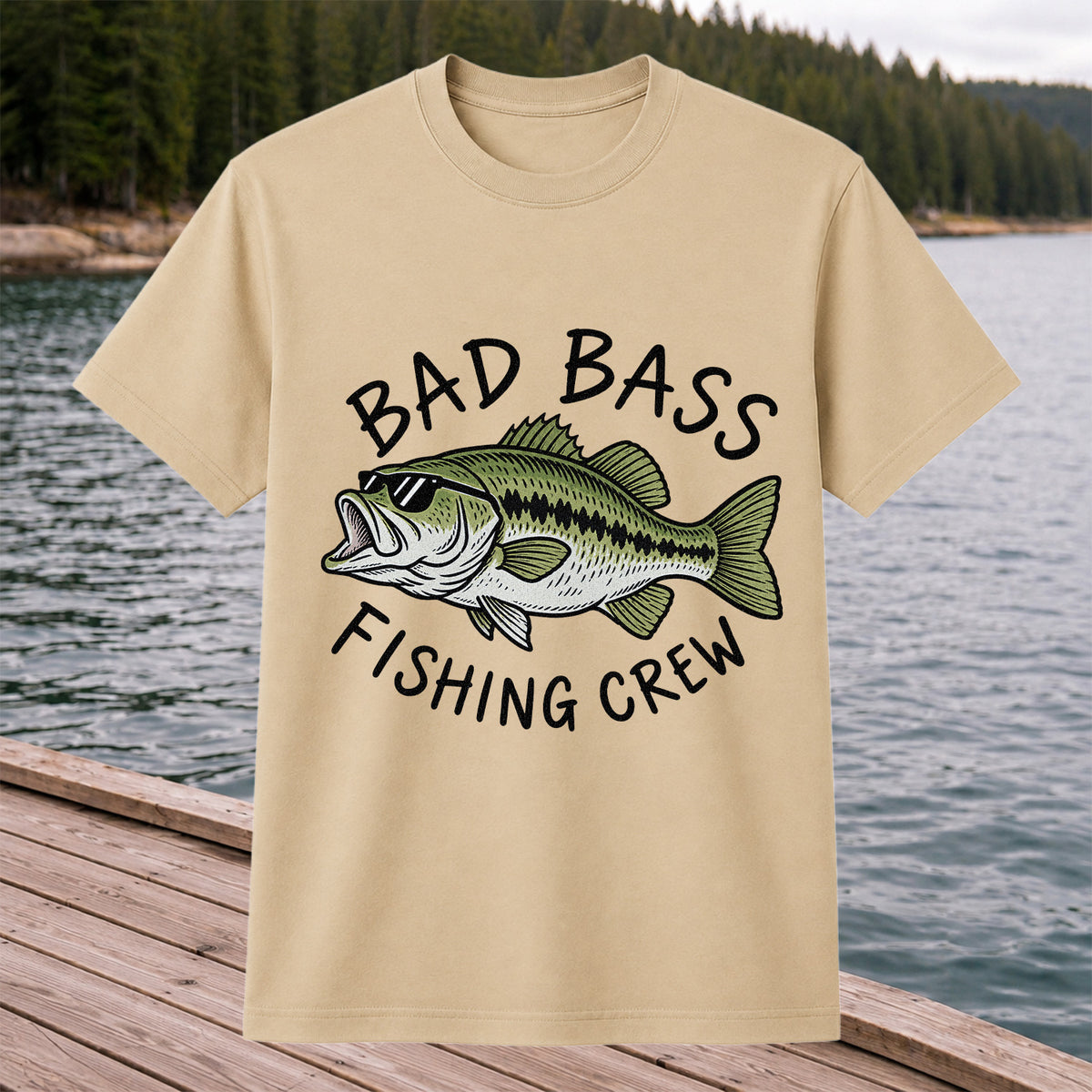Bad Bass Fishing Crew Funny Graphic T-Shirt