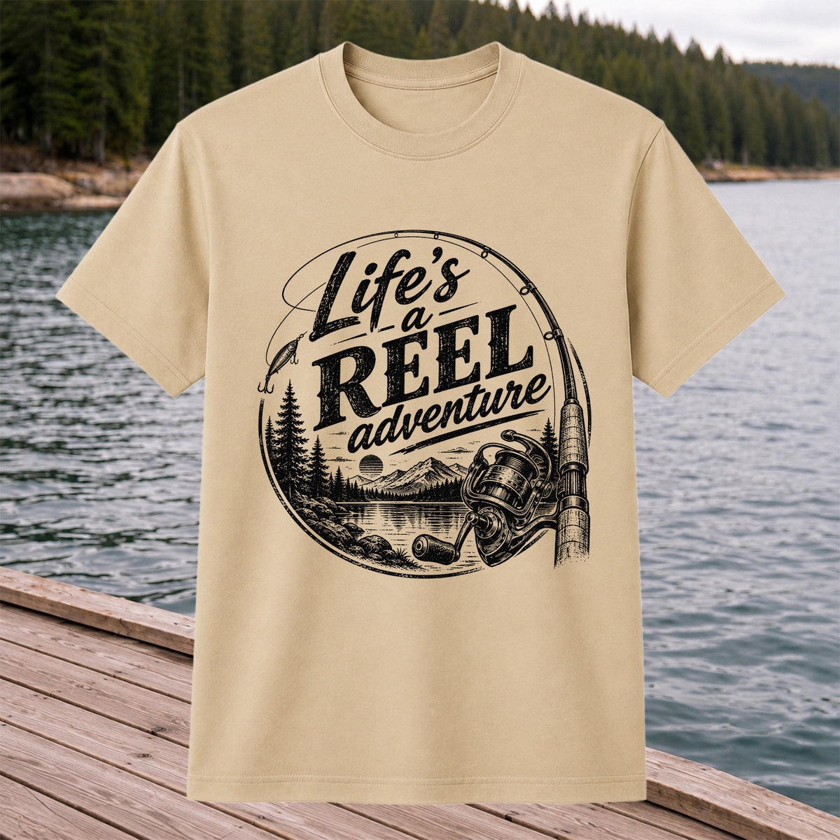 Life's a Reel Adventure Fishing Rod and Mountain Lake T-Shirt