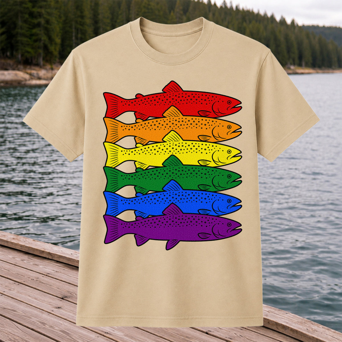 Rainbow Colored Trout Stack Fishing Graphic T-Shirt