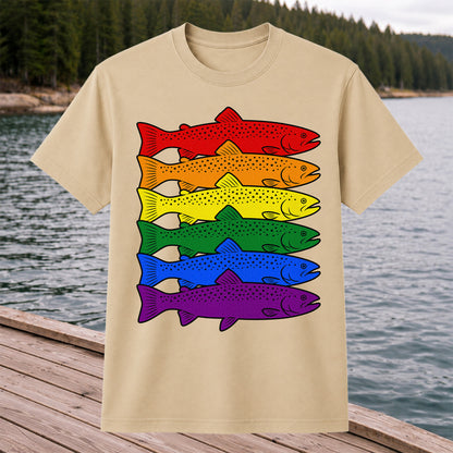 Rainbow Colored Trout Stack Fishing Graphic T-Shirt