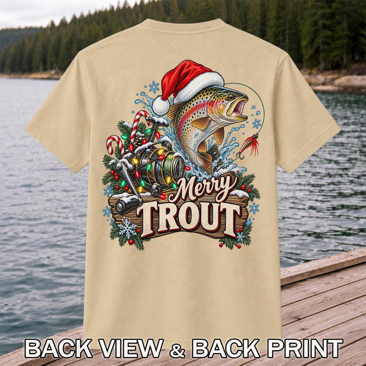 Merry Trout Christmas Rainbow Trout and Fishing Reel T-Shirt | Back Print