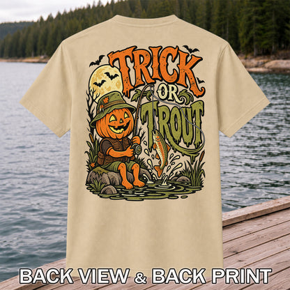 Trick or Trout Pumpkin Angler Halloween Fishing T-Shirt | Back Print