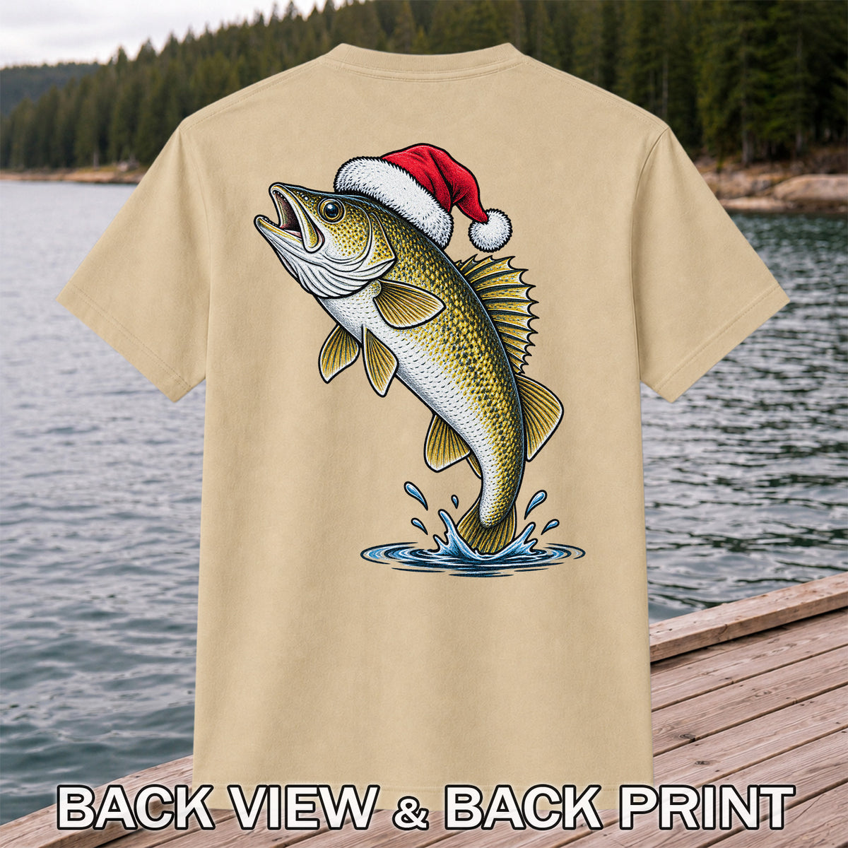 Santa Hat Walleye Christmas Fishing Graphic T-Shirt | Back Print