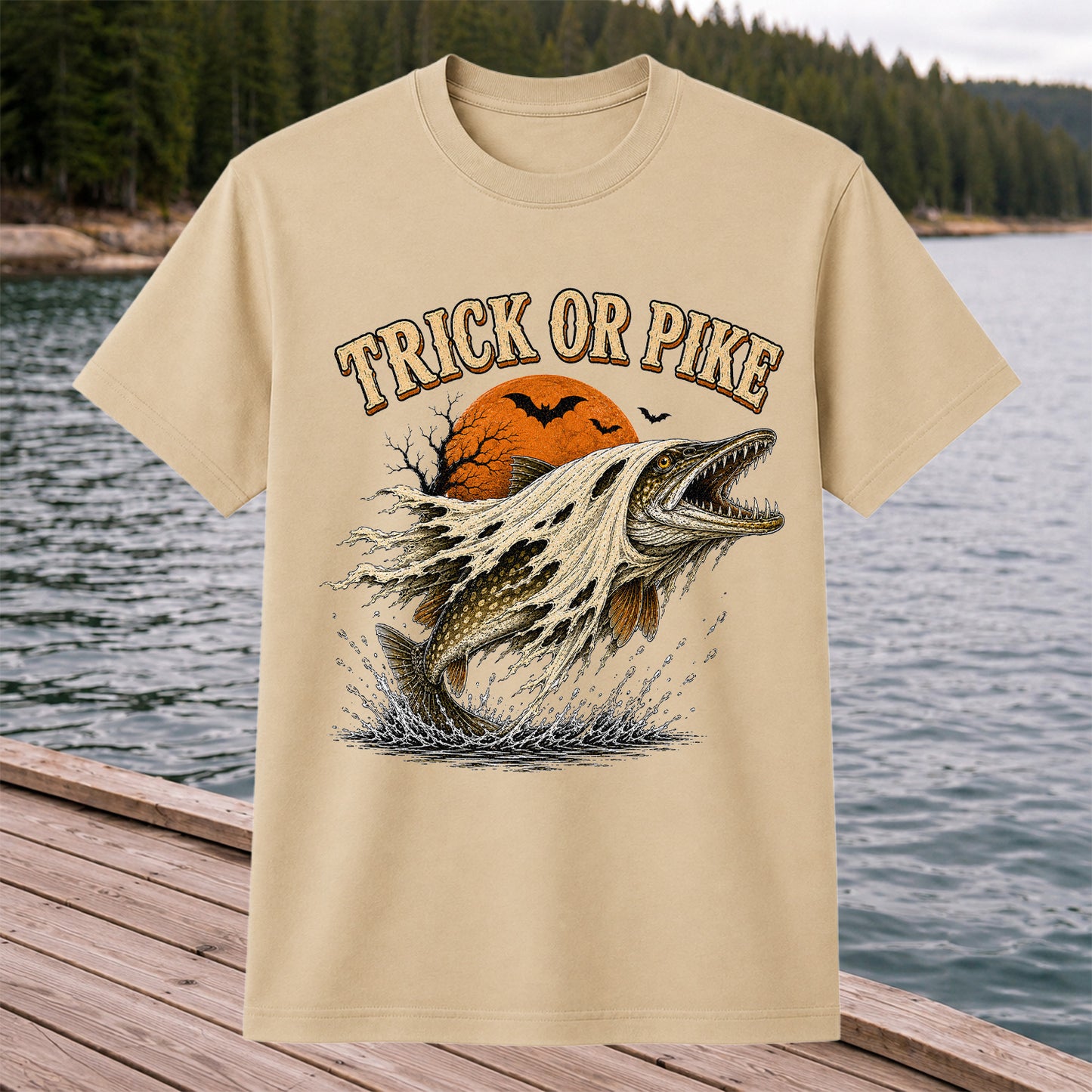 Trick or Pike Halloween Fishing T-Shirt, Vintage Trout Angler Tee