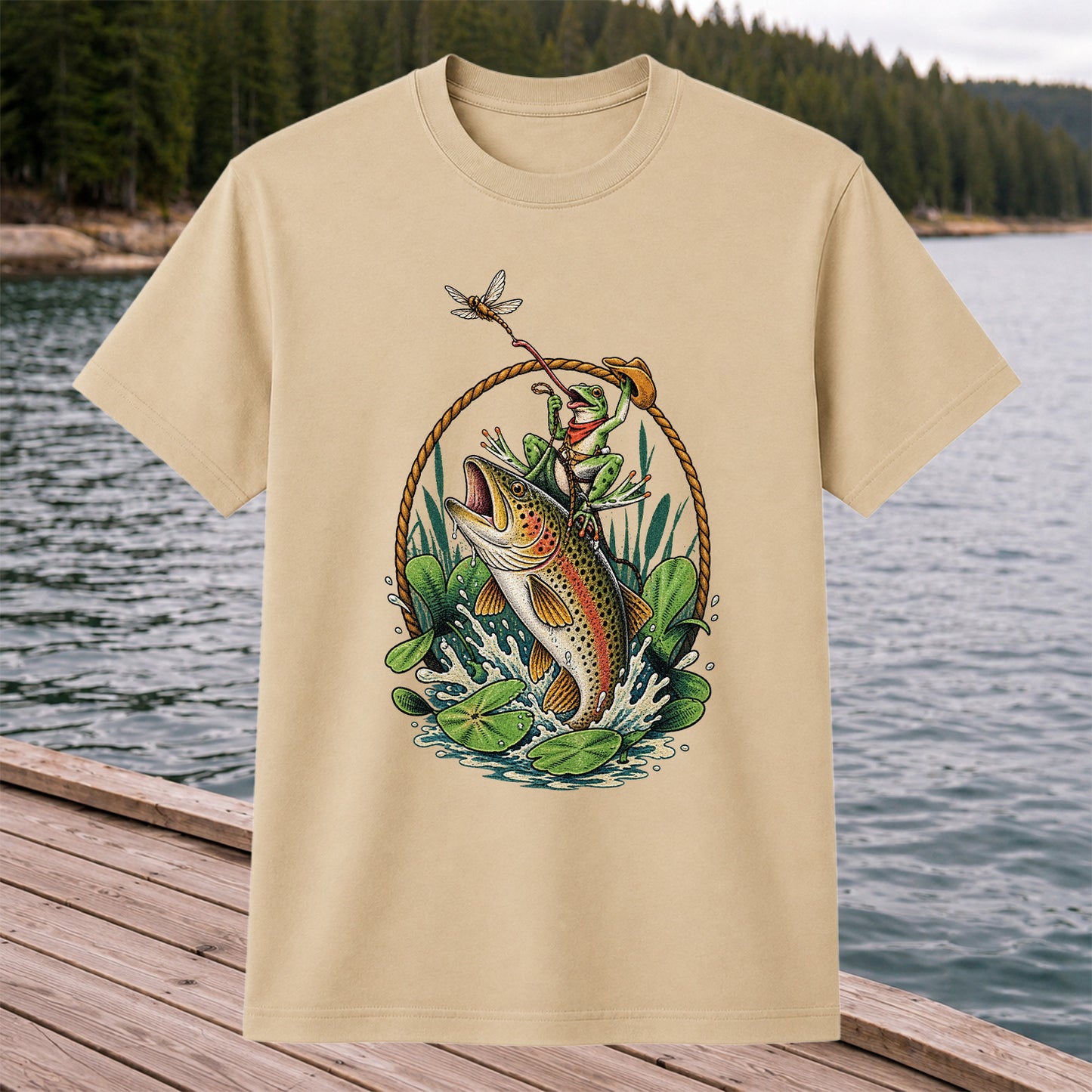 Frog Riding a Rainbow Trout Fishing Graphic T-Shirt