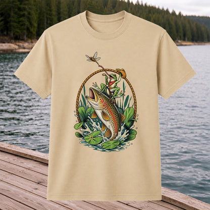 Frog Riding a Rainbow Trout Fishing Graphic T-Shirt