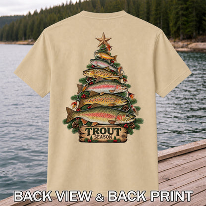 Trout Season Fish Christmas Tree Fishing T-Shirt | Back Print