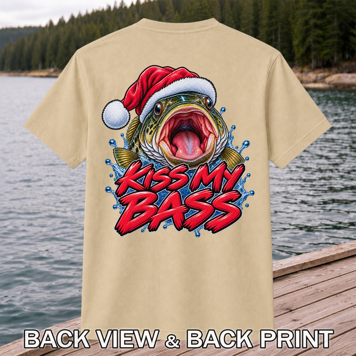 Kiss My Bass Santa Hat Funny Christmas Fishing T-Shirt | Back Print