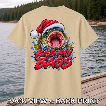 Kiss My Bass Santa Hat Funny Christmas Fishing T-Shirt | Back Print