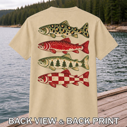 Four Seasonal Trout Patterns Christmas Fishing Graphic T-Shirt | Back Print