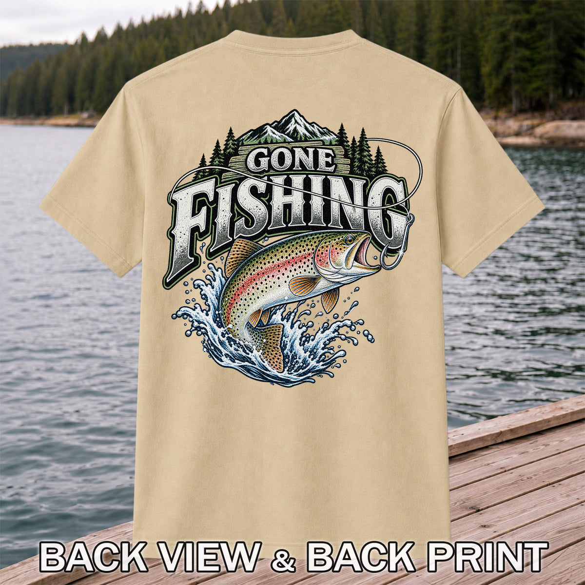 Gone Fishing Rainbow Trout and Mountains Graphic T-Shirt | Back Print