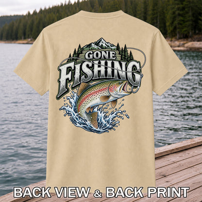 Gone Fishing Rainbow Trout and Mountains Graphic T-Shirt | Back Print