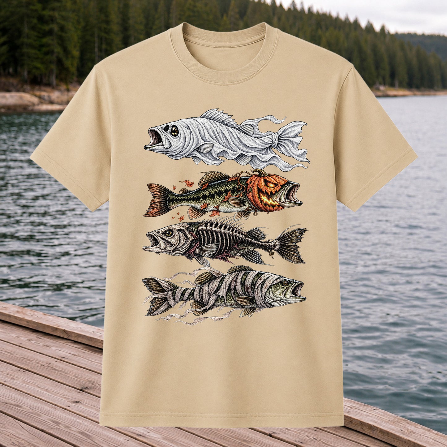 Halloween Bass Ghost Pumpkin Skeleton and Mummy Fish Graphic T-Shirt