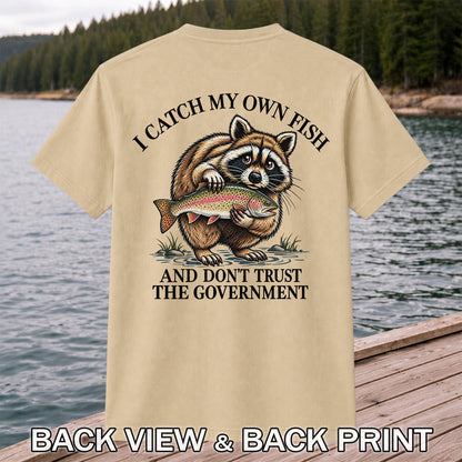 Raccoon Holding Rainbow Trout Fishing Graphic T-Shirt | Back Print