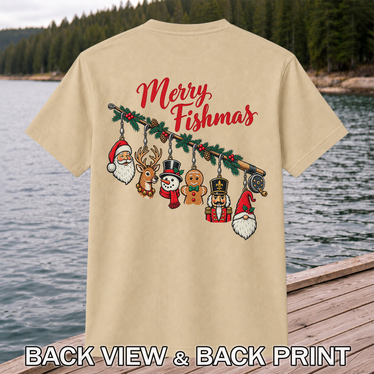 Christmas Fishing Rod Ornaments Holiday Graphic T-Shirt | Back Print