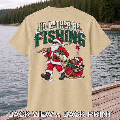Santa Fishing with Bass Christmas Graphic T-Shirt | Back Print
