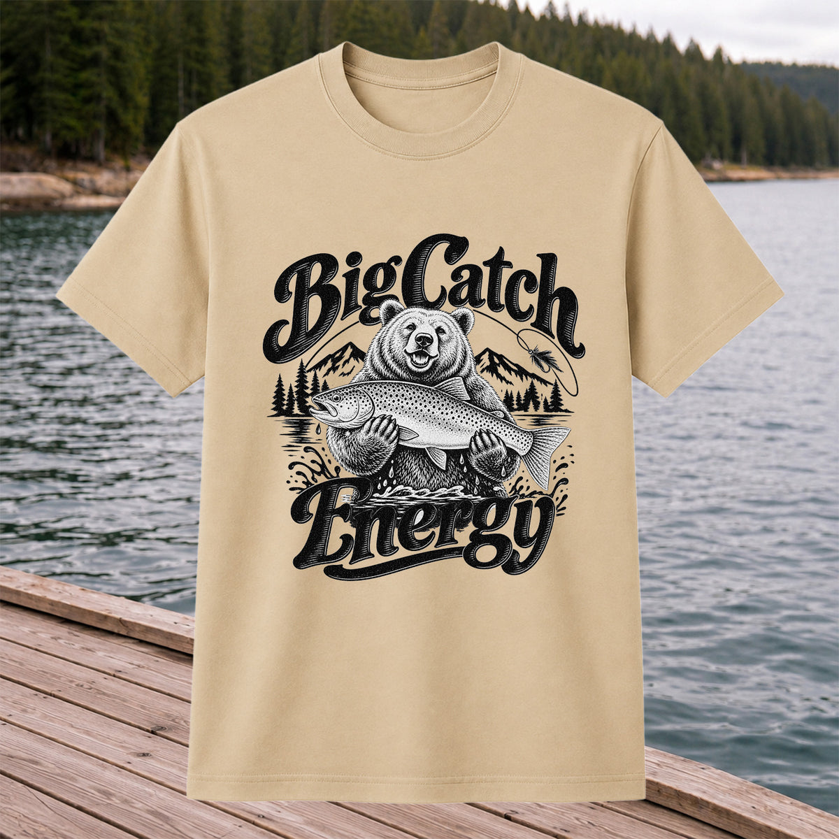 Big Catch Energy Bear Holding Trout Fishing T-Shirt