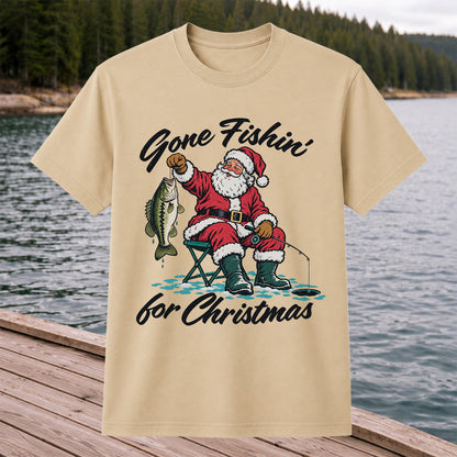 Santa Fishing with Bass Christmas Graphic T-Shirt