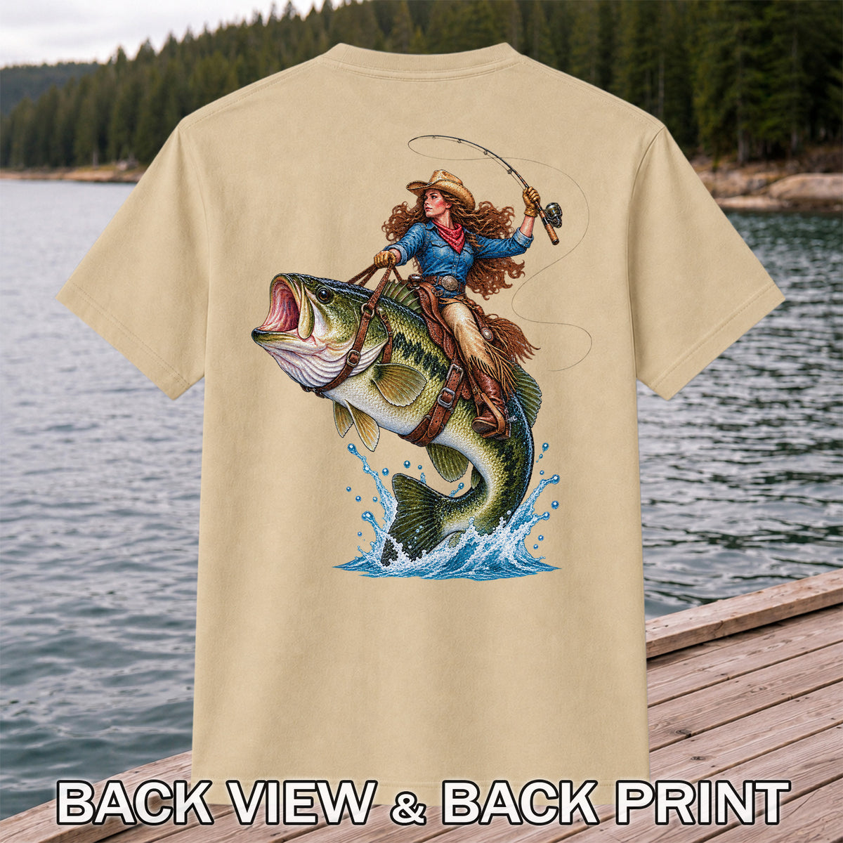 Cowgirl Riding a Largemouth Bass Fishing Graphic T-Shirt | Back Print