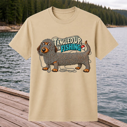 Tangled Up in Fishing Funny Dachshund Dog Graphic T-Shirt