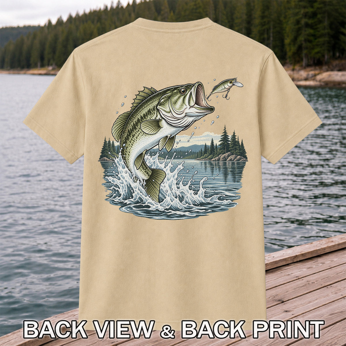 Jumping Largemouth Bass Chasing a Lure Lake Fishing Graphic T-Shirt | Back Print