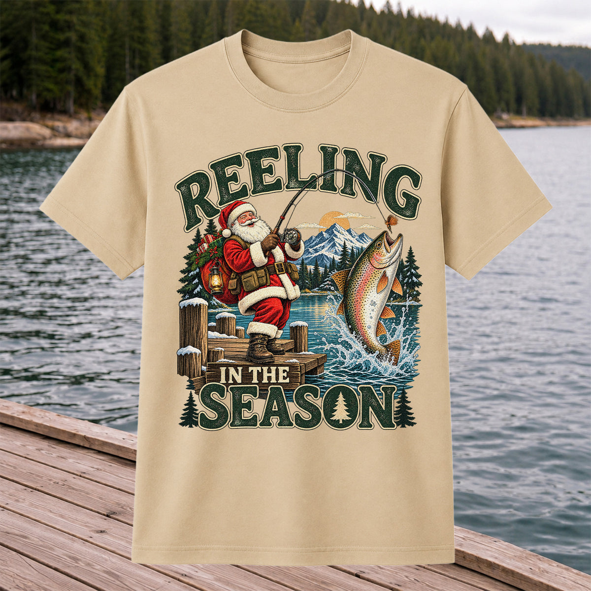 Reeling in the Season Santa Fishing for Rainbow Trout Christmas T-Shirt