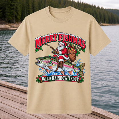Merry Fishmas Santa Riding a Wild Rainbow Trout Christmas Fishing T-Shirt