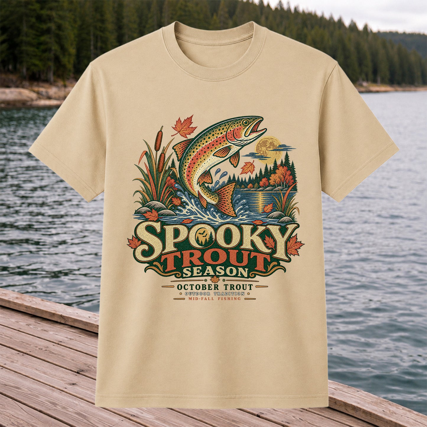 Spooky Trout Season Mid-Fall Fishing Graphic T-Shirt