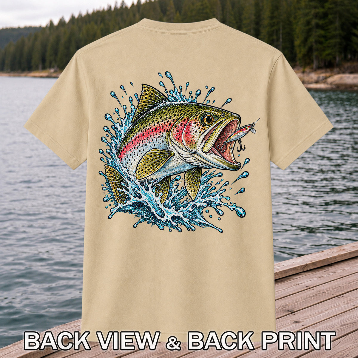 Rainbow Trout Striking a Fishing Lure Graphic T-Shirt | Back Print