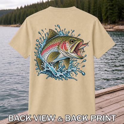 Rainbow Trout Striking a Fishing Lure Graphic T-Shirt | Back Print
