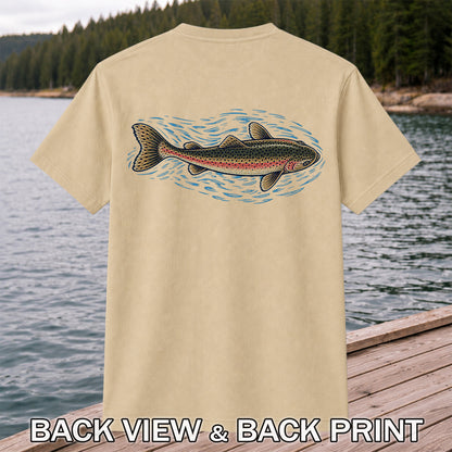 Rainbow Trout River Fishing Graphic T-Shirt | Back Print