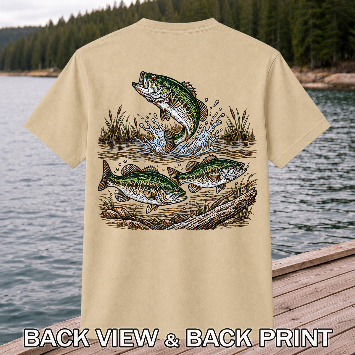 Largemouth Bass Jumping River Fishing Graphic T-Shirt | Back Print
