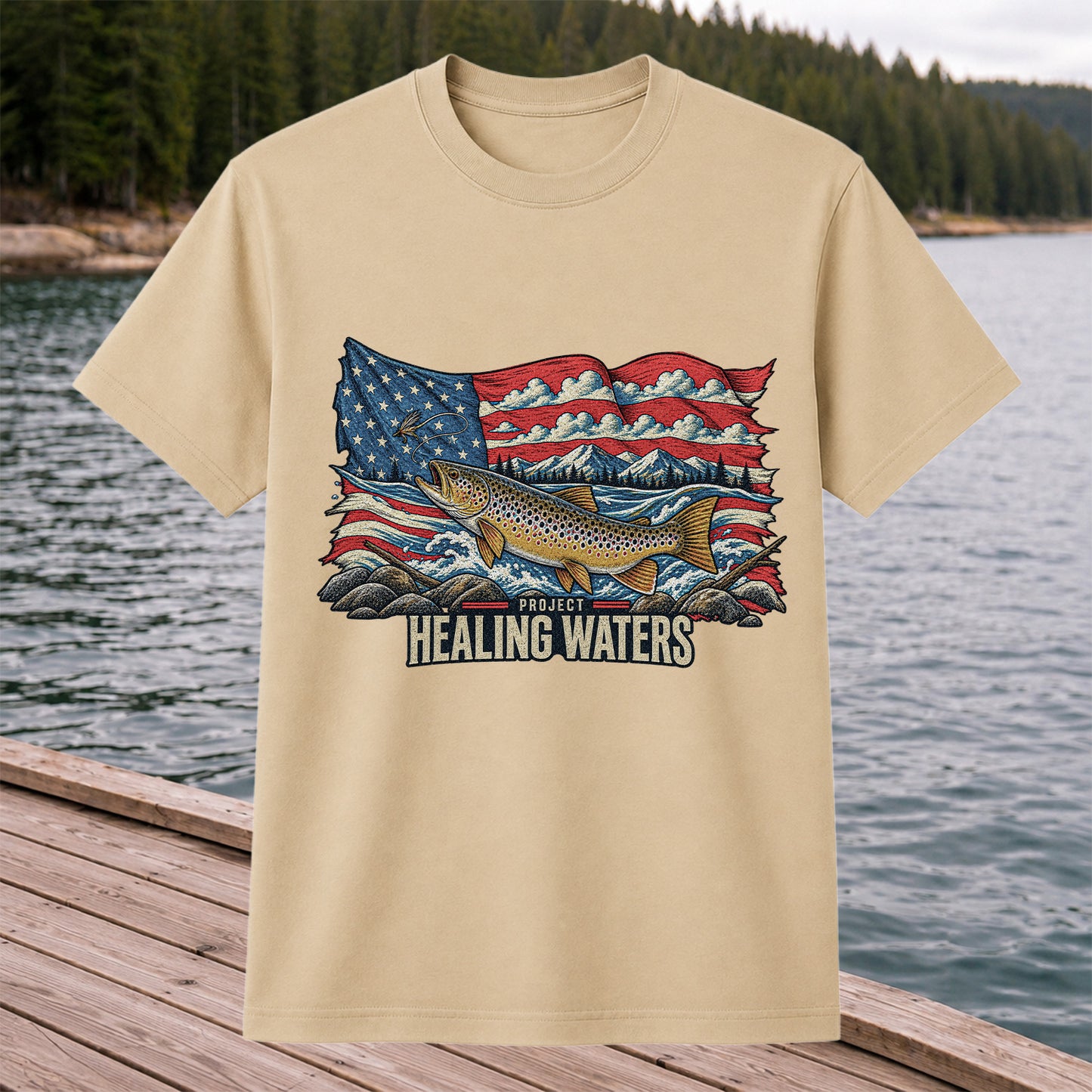 Healing Waters American Flag Brown Trout Fishing Graphic T-Shirt