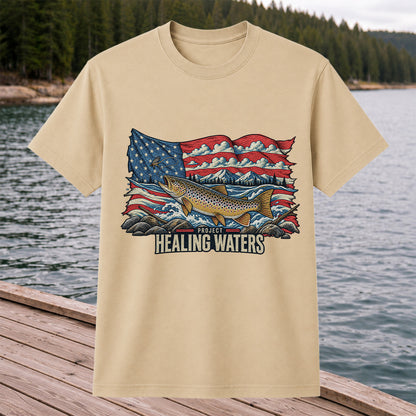 Healing Waters American Flag Brown Trout Fishing Graphic T-Shirt